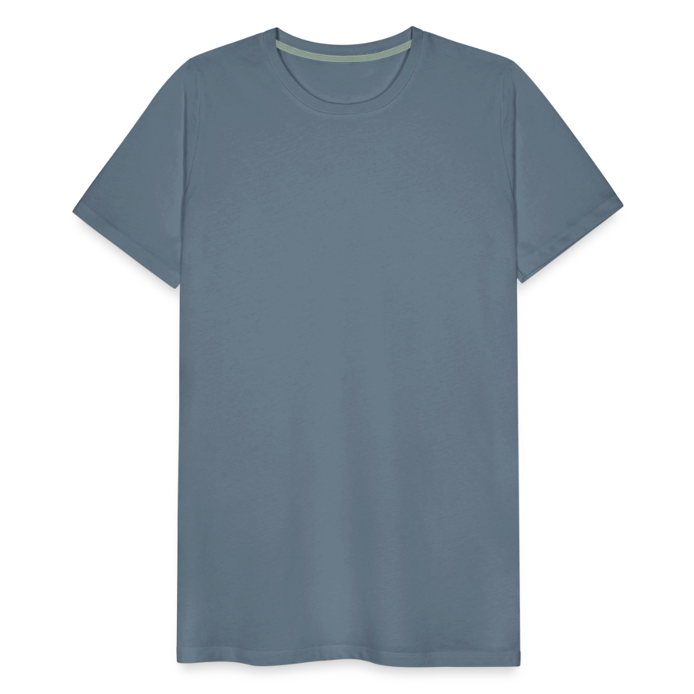 Blue men's premium cotton t-shirt, short-sleeved with a crew neckline, displayed on a transparent background.