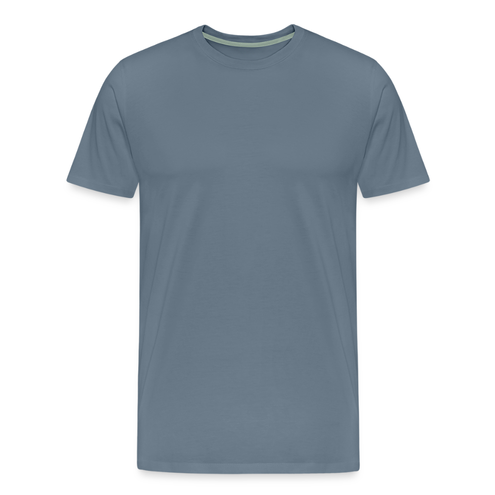 Blue men's premium cotton t-shirt, short-sleeved with a crew neckline, displayed on a transparent background.