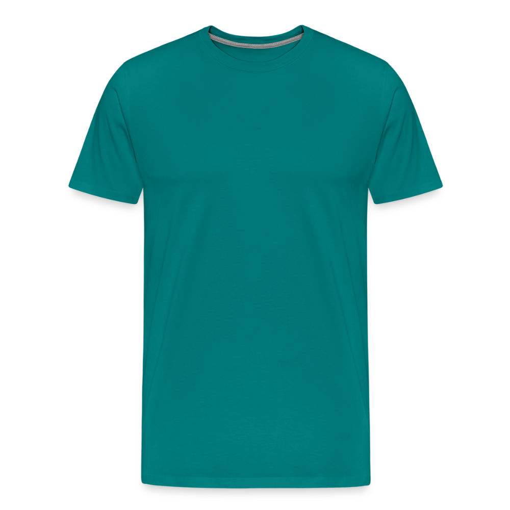Teal men's premium cotton t-shirt, short-sleeved with a crew neckline, displayed on a transparent background.