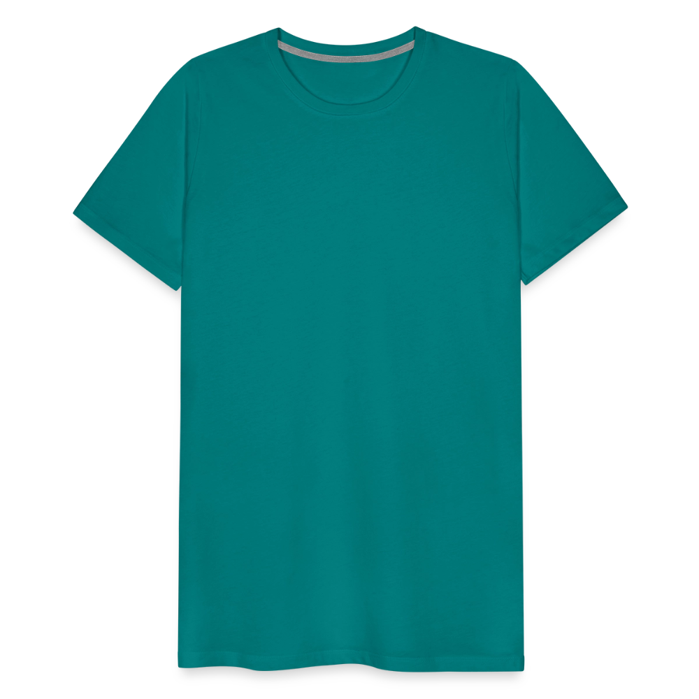Teal men's premium cotton t-shirt, short-sleeved with a crew neckline, displayed on a transparent background.