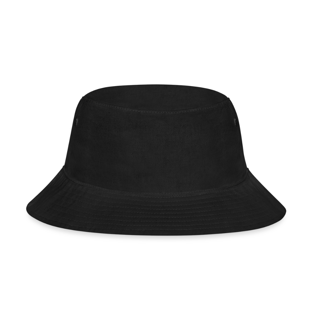 A classic unisex bucket hat in black, made from 100% soft brushed twill cotton. Features a short, defined brim for sun protection and a relaxed retro silhouette. Includes sewn-in eyelets for breathability, with a "one size fits most" design.