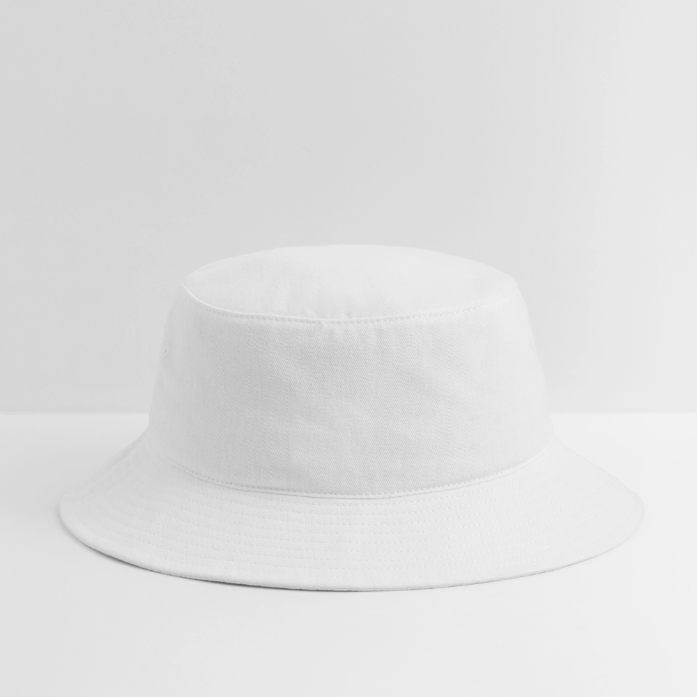 A classic unisex bucket hat in white, made from 100% soft brushed twill cotton. Features a short, defined brim for sun protection and a relaxed retro silhouette. Includes sewn-in eyelets for breathability, with a "one size fits most" design.
