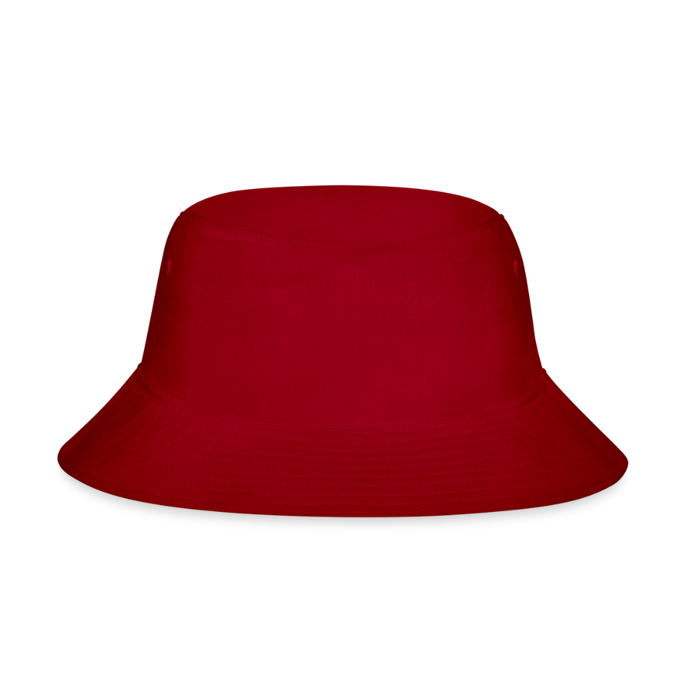 A classic unisex bucket hat in red, made from 100% soft brushed twill cotton. Features a short, defined brim for sun protection and a relaxed retro silhouette. Includes sewn-in eyelets for breathability, with a "one size fits most" design.