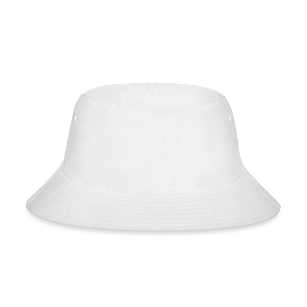 A classic unisex bucket hat in a white, made from 100% soft brushed twill cotton. Features a short, defined brim for sun protection and a relaxed retro silhouette. Includes sewn-in eyelets for breathability, with a "one size fits most" design.