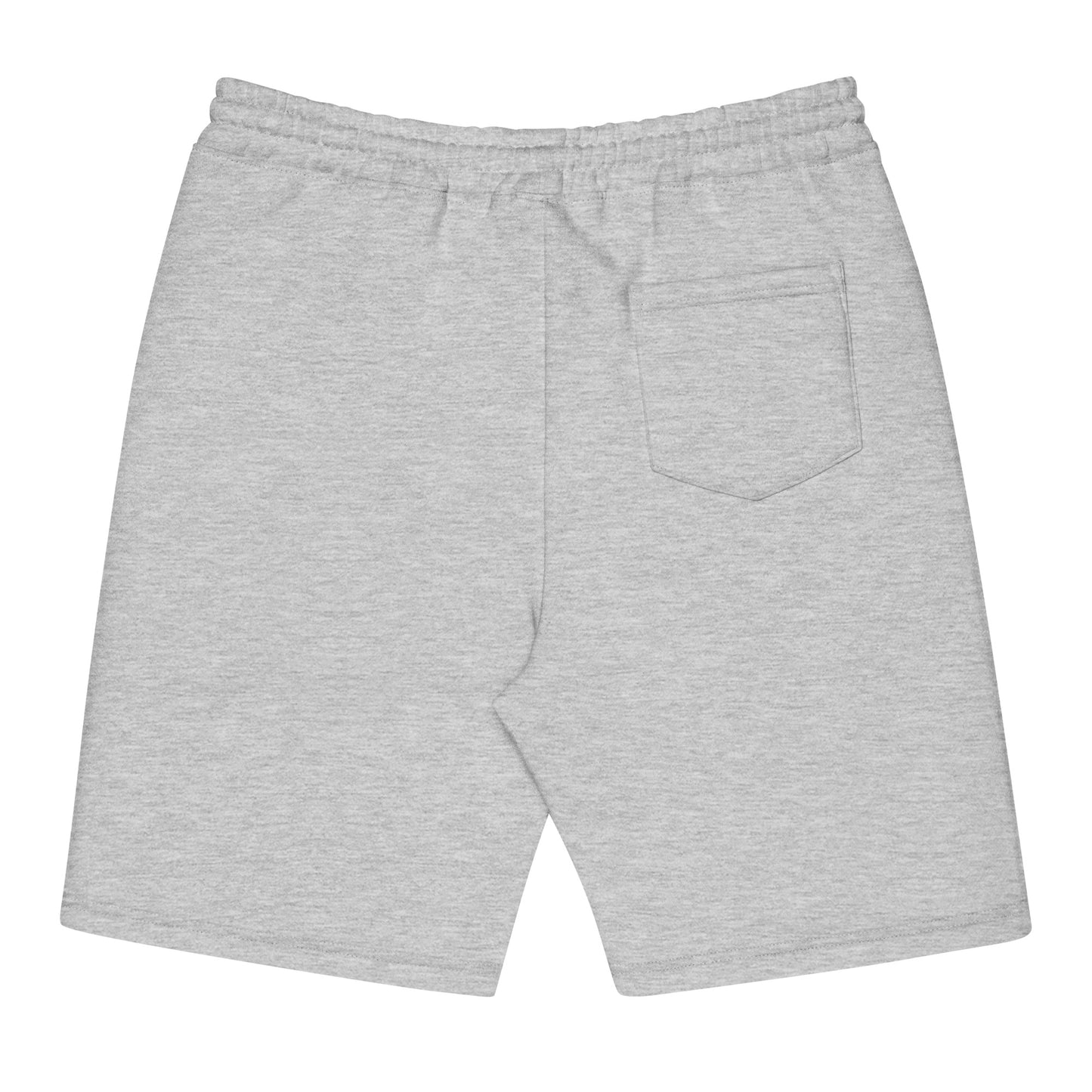 Men's gray fleece lounge shorts with elastic drawstring waist, jersey-lined pockets, and tapered knee opening, shown flat to highlight sewn fly detail.