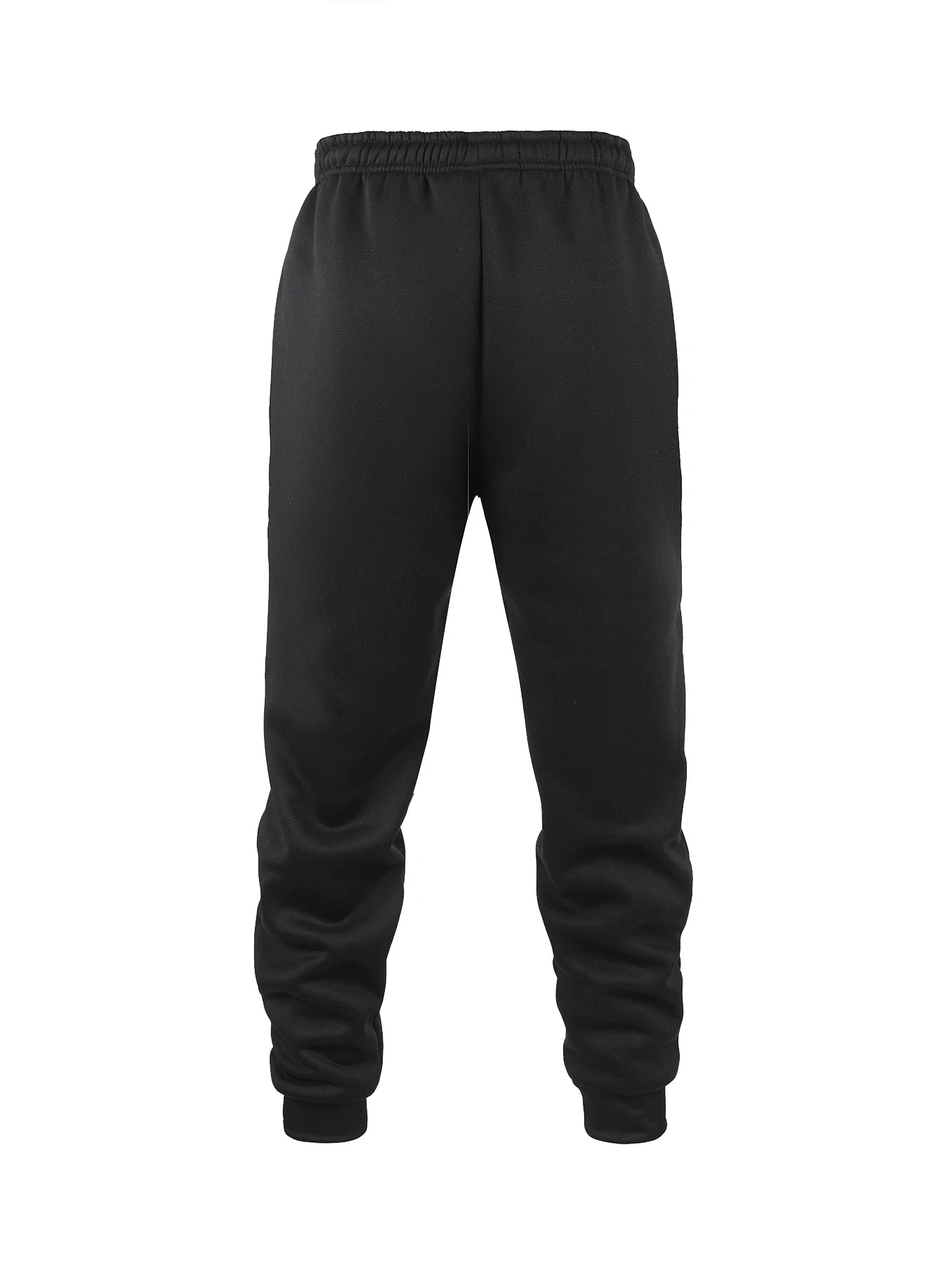 Men's black fleece jogger sweatpants in soft polyester fabric with an elastic waistband and tapered cuffs. Designed for movement with moisture-wicking performance, ideal for workouts, lounging, or everyday wear.