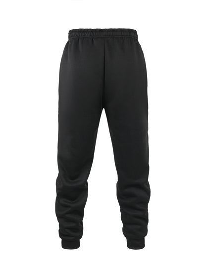 Men's black fleece jogger sweatpants in soft polyester fabric with an elastic waistband and tapered cuffs. Designed for movement with moisture-wicking performance, ideal for workouts, lounging, or everyday wear.