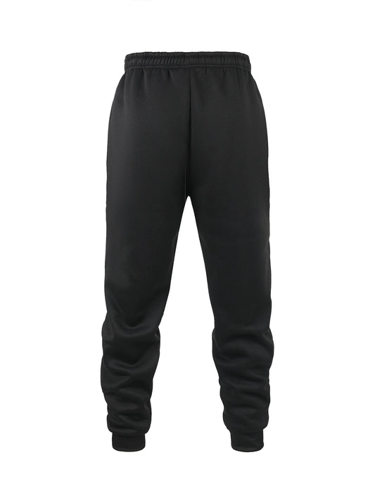 Men's black fleece jogger sweatpants in soft polyester fabric with an elastic waistband and tapered cuffs. Designed for movement with moisture-wicking performance, ideal for workouts, lounging, or everyday wear.