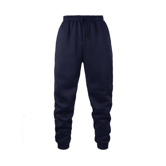 Men's navy fleece jogger sweatpants in soft polyester fabric with an elastic waistband and tapered cuffs. Designed for movement with moisture-wicking performance, ideal for workouts, lounging, or everyday wear.