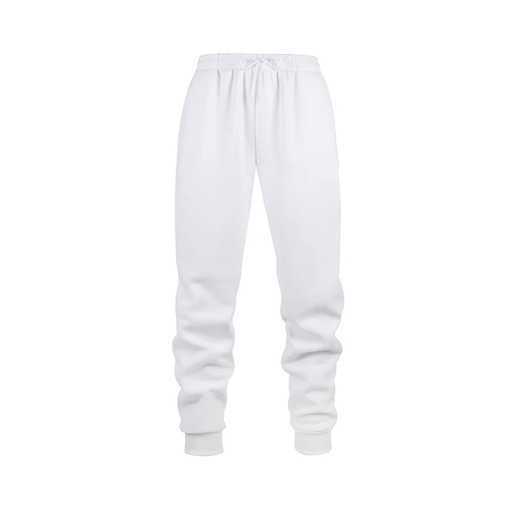 Men's white fleece jogger sweatpants in soft polyester fabric with an elastic waistband and tapered cuffs. Designed for movement with moisture-wicking performance, ideal for workouts, lounging, or everyday wear.