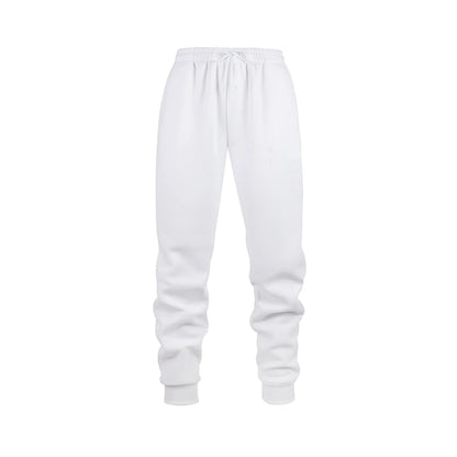 Men's white fleece jogger sweatpants in soft polyester fabric with an elastic waistband and tapered cuffs. Designed for movement with moisture-wicking performance, ideal for workouts, lounging, or everyday wear.