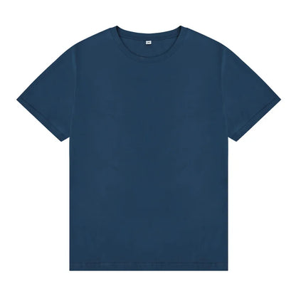 Men's essential navy crewneck tee in premium cotton with intentional drape and timeless fit.