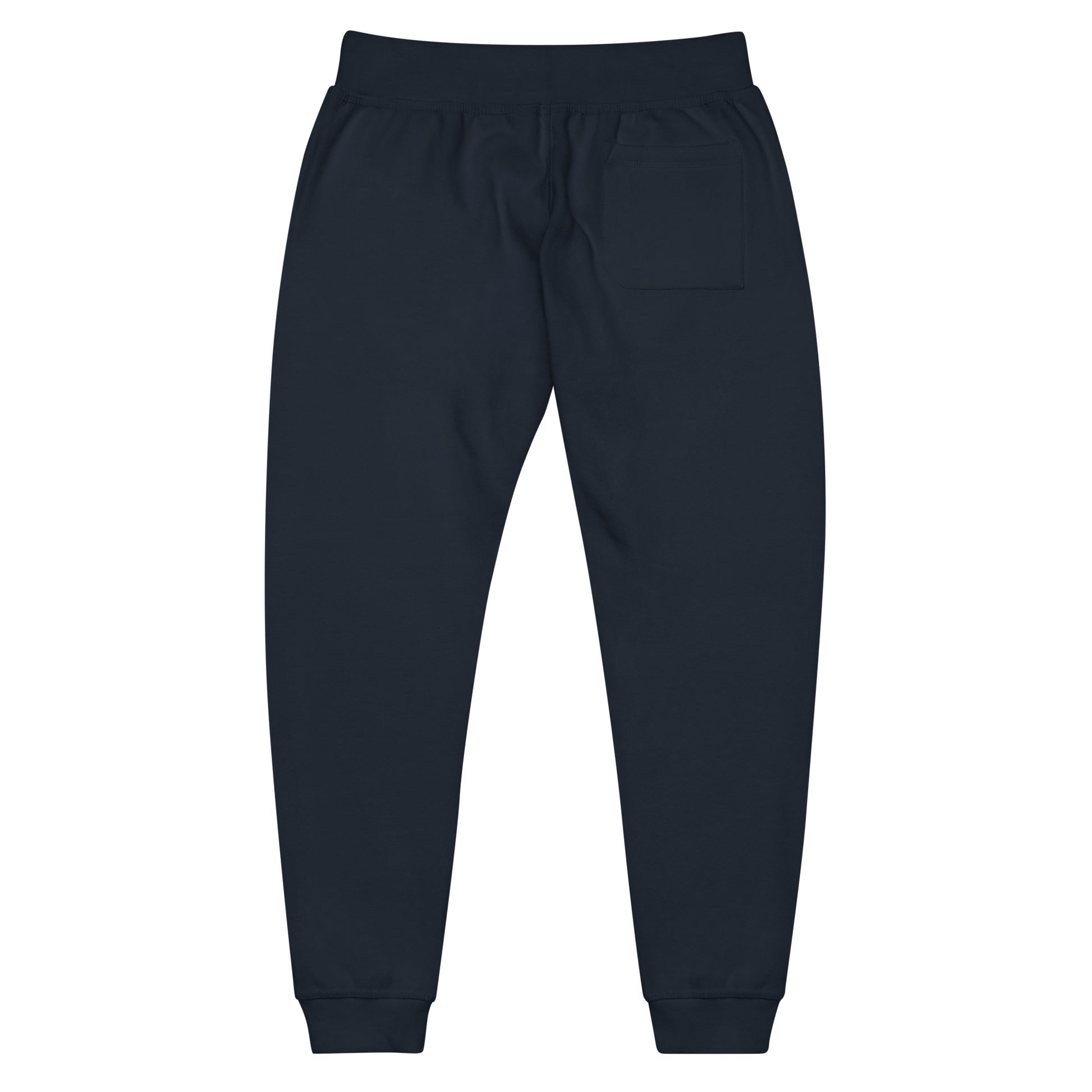 Navy blue unisex fleece sweatpants with ribbed waistband, cuffed ankles, and front cross pockets. Shown flat to highlight the 5-thread stitching and soft fleece lining.