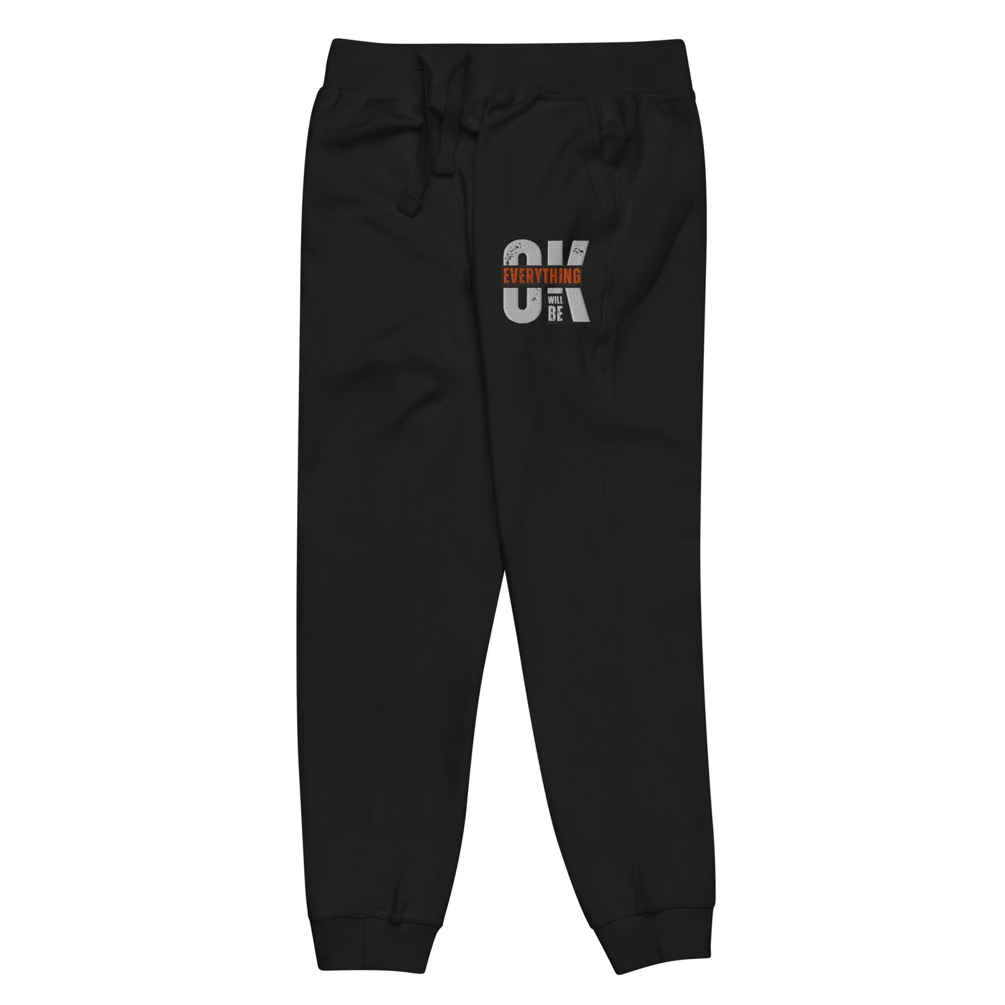 Black unisex fleece sweatpants with ribbed waistband, cuffed ankles, and front cross pockets. Shown flat to highlight the 5-thread stitching and soft fleece lining.