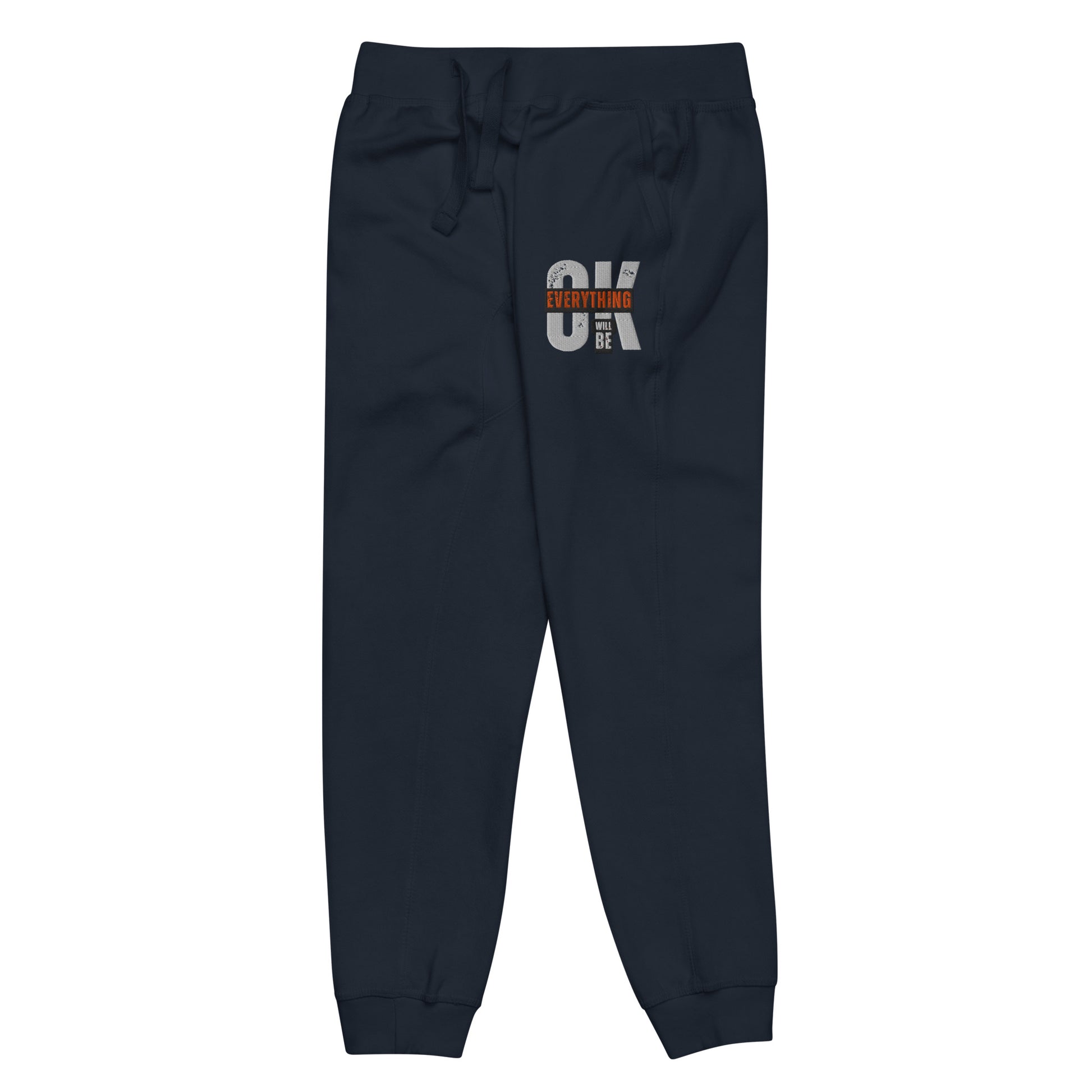 Navy blue unisex fleece sweatpants with ribbed waistband, cuffed ankles, and front cross pockets. Shown flat to highlight the 5-thread stitching and soft fleece lining.