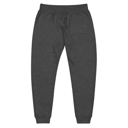 Gray unisex fleece sweatpants with ribbed waistband, cuffed ankles, and front cross pockets. Shown flat to highlight the 5-thread stitching and soft fleece lining. 