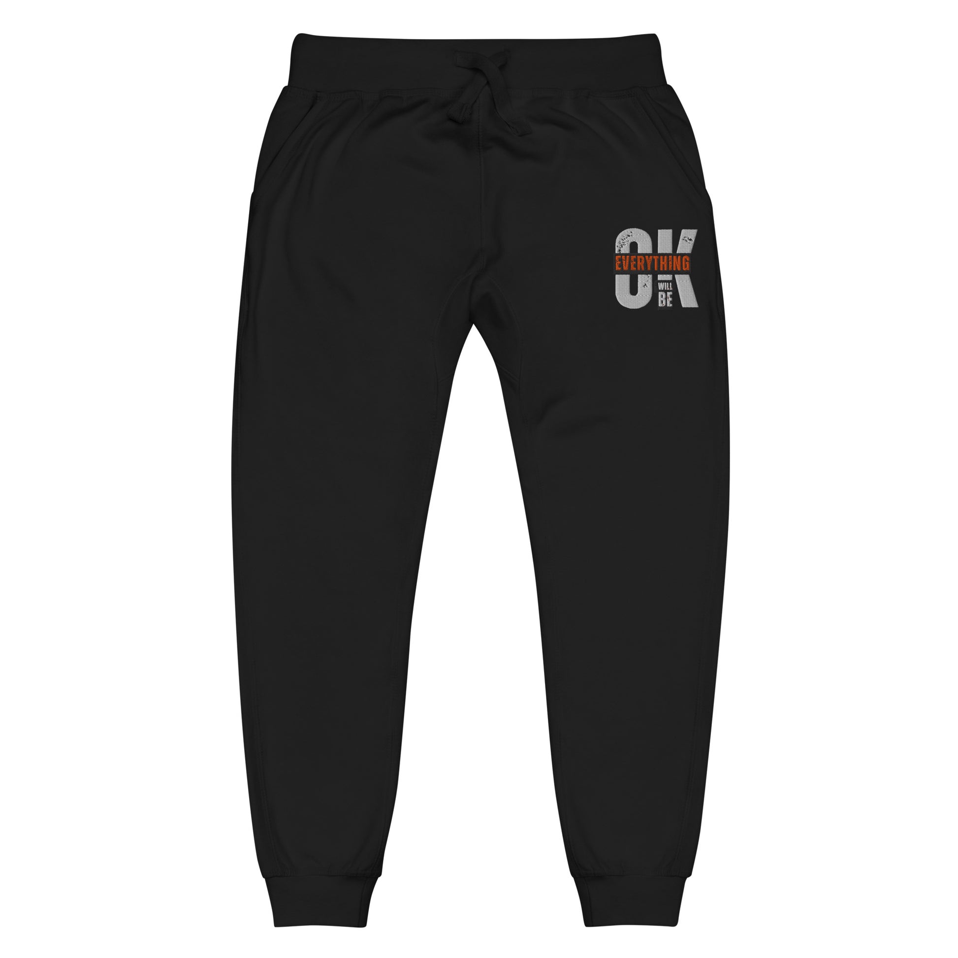 Black unisex fleece sweatpants with ribbed waistband, cuffed ankles, and front cross pockets. Shown flat to highlight the 5-thread stitching and soft fleece lining.