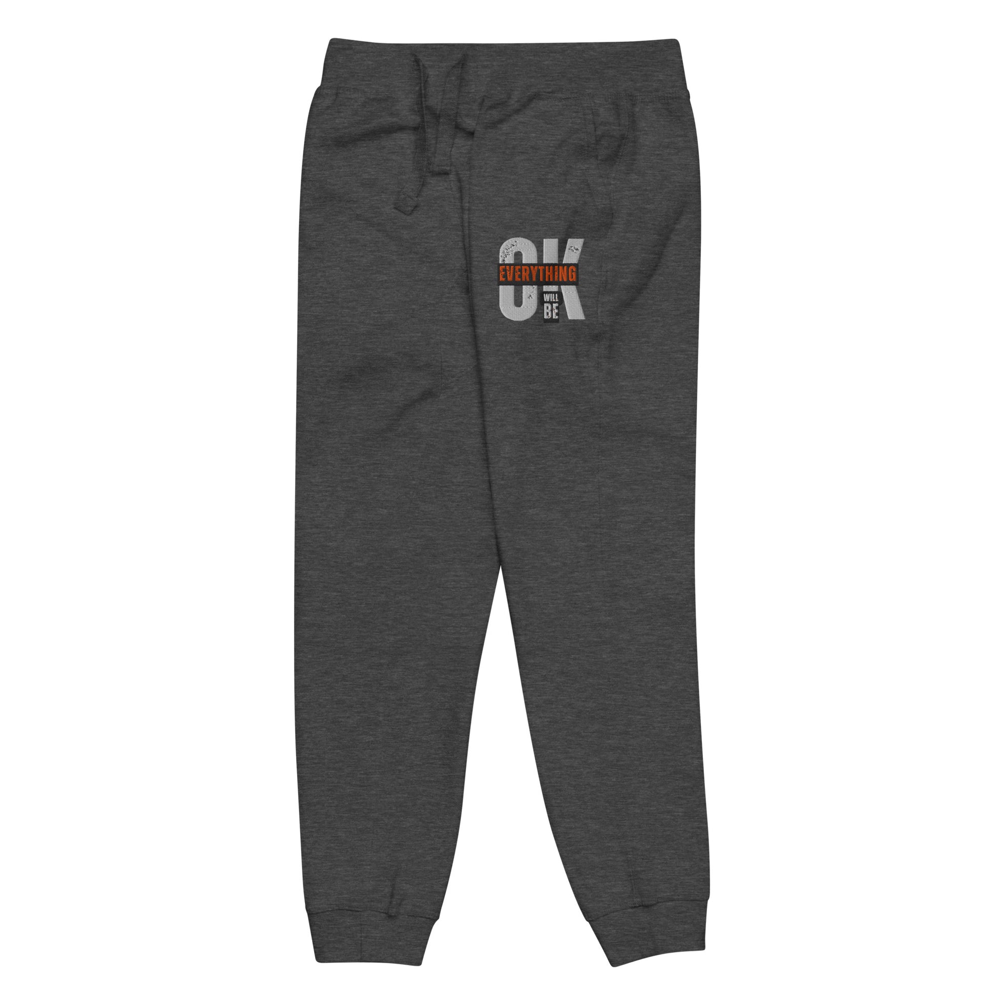 Gray unisex fleece sweatpants with ribbed waistband, cuffed ankles, and front cross pockets. Shown flat to highlight the 5-thread stitching and soft fleece lining. 