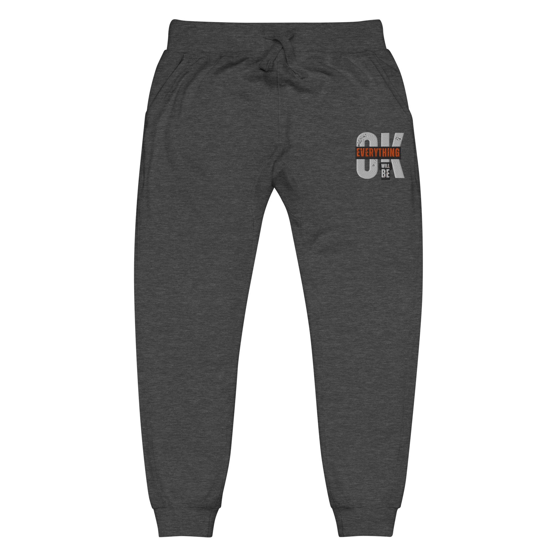 Gray unisex fleece sweatpants with ribbed waistband, cuffed ankles, and front cross pockets. Shown flat to highlight the 5-thread stitching and soft fleece lining. 