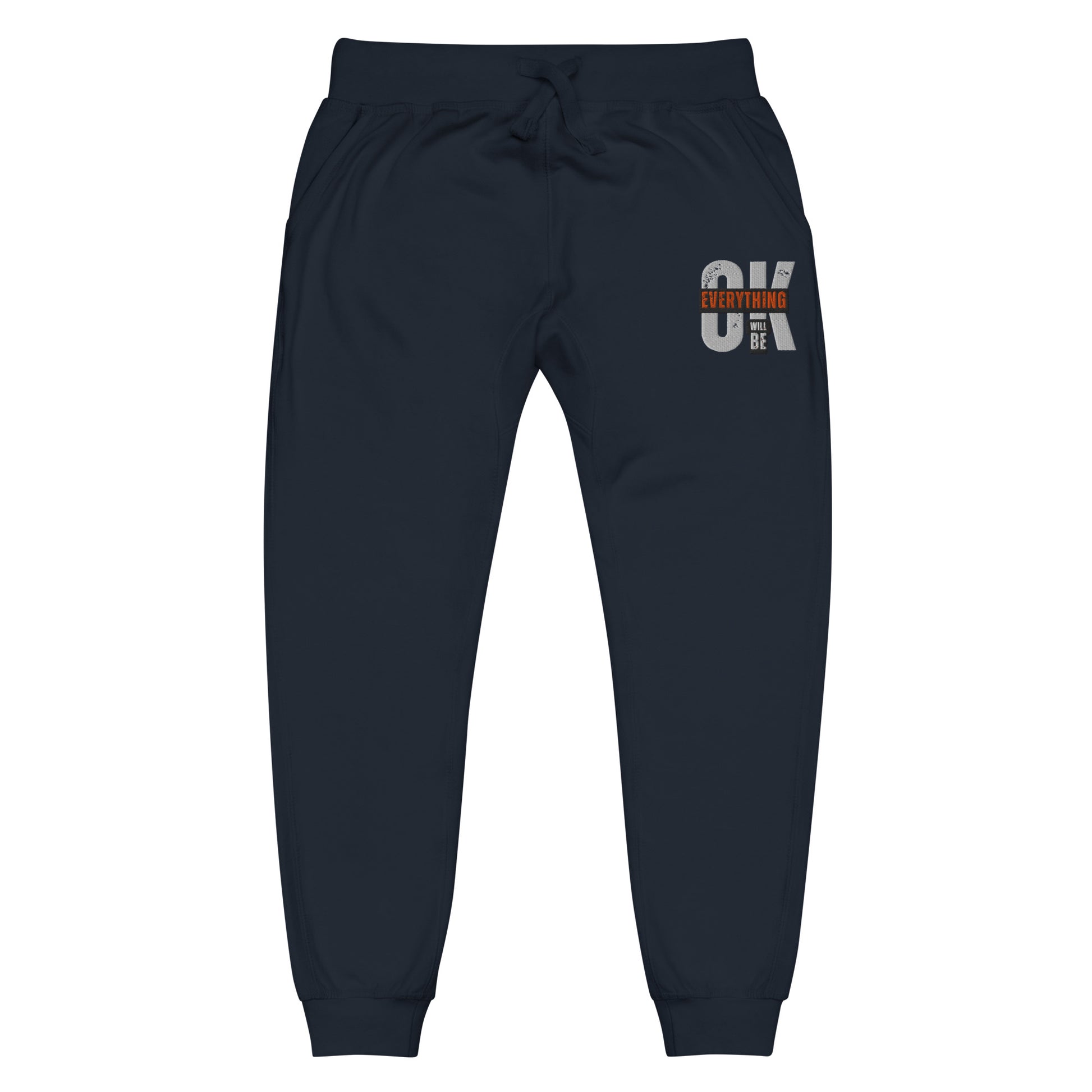Navy blue unisex fleece sweatpants with ribbed waistband, cuffed ankles, and front cross pockets. Shown flat to highlight the 5-thread stitching and soft fleece lining.