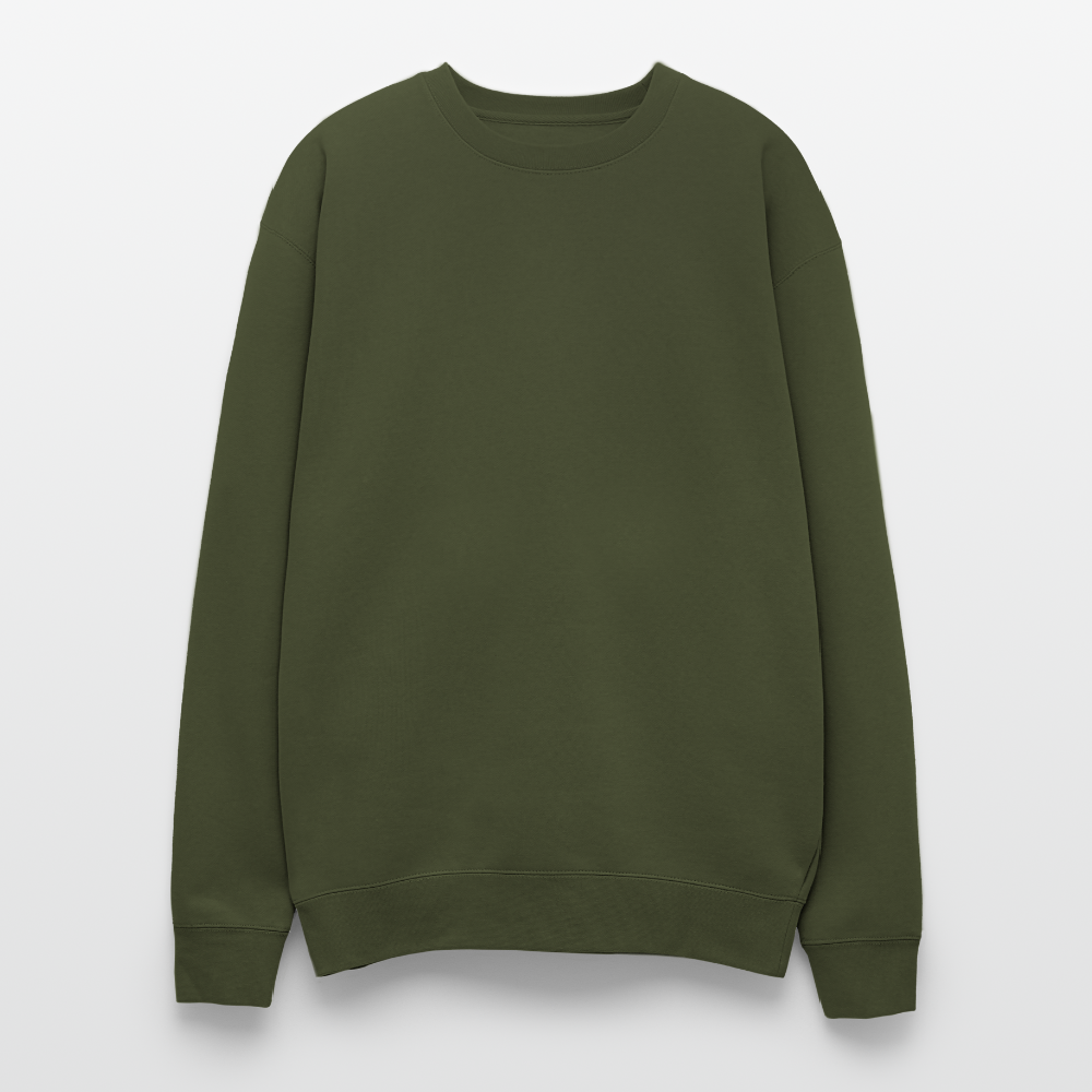 An oversized heavyweight crewneck olive green sweatshirt in a relaxed, generous fit, made from a soft 70/30 ring-spun cotton/polyester blend (10 oz fabric for warmth and durability). The ribbed cuffs and waistband ensure a secure yet relaxed fit, making it ideal for lounging or layering.