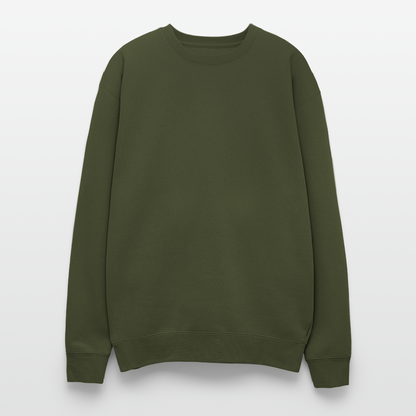 An oversized heavyweight crewneck olive green sweatshirt in a relaxed, generous fit, made from a soft 70/30 ring-spun cotton/polyester blend (10 oz fabric for warmth and durability). The ribbed cuffs and waistband ensure a secure yet relaxed fit, making it ideal for lounging or layering.