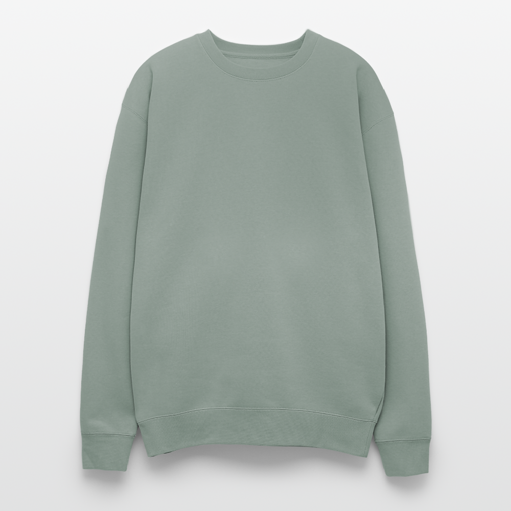 An oversized heavyweight crewneck sage green sweatshirt in a relaxed, generous fit, made from a soft 70/30 ring-spun cotton/polyester blend (10 oz fabric for warmth and durability). The ribbed cuffs and waistband ensure a secure yet relaxed fit, making it ideal for lounging or layering.