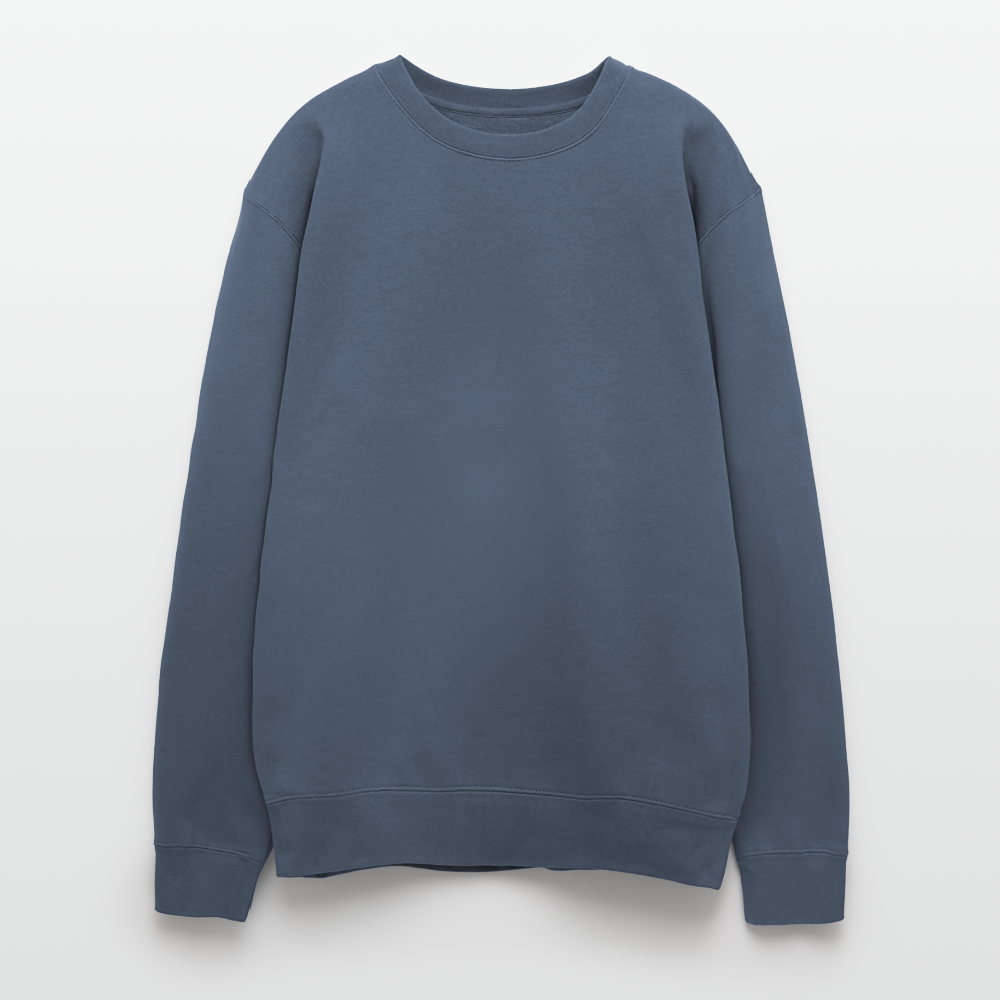 An oversized heavyweight crewneck stone blue sweatshirt in a relaxed, generous fit, made from a soft 70/30 ring-spun cotton/polyester blend (10 oz fabric for warmth and durability). The ribbed cuffs and waistband ensure a secure yet relaxed fit, making it ideal for lounging or layering.