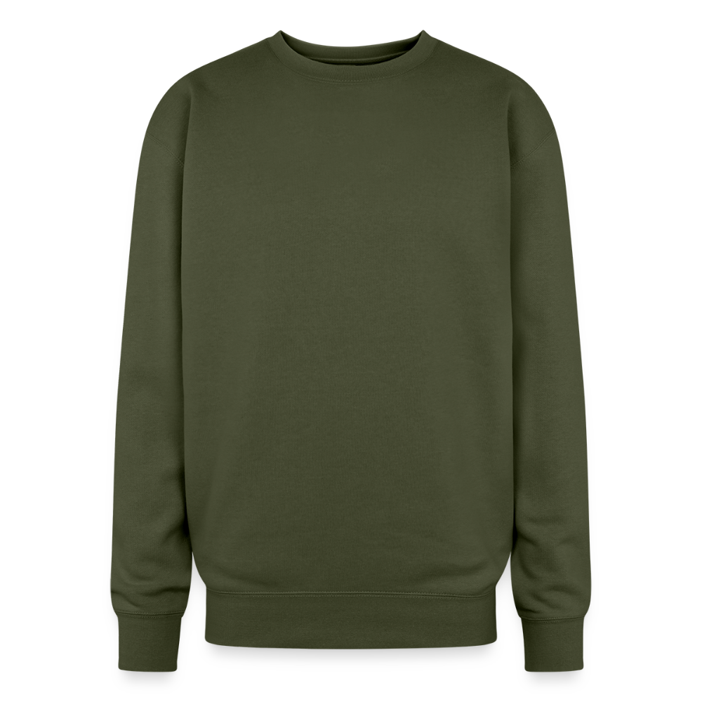 An oversized heavyweight crewneck olive green sweatshirt in a relaxed, generous fit, made from a soft 70/30 ring-spun cotton/polyester blend (10 oz fabric for warmth and durability). The ribbed cuffs and waistband ensure a secure yet relaxed fit, making it ideal for lounging or layering.