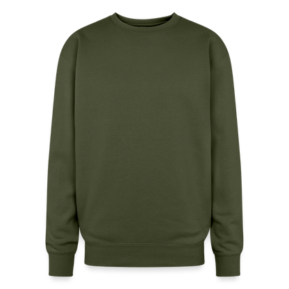 An oversized heavyweight crewneck olive green sweatshirt in a relaxed, generous fit, made from a soft 70/30 ring-spun cotton/polyester blend (10 oz fabric for warmth and durability). The ribbed cuffs and waistband ensure a secure yet relaxed fit, making it ideal for lounging or layering.
