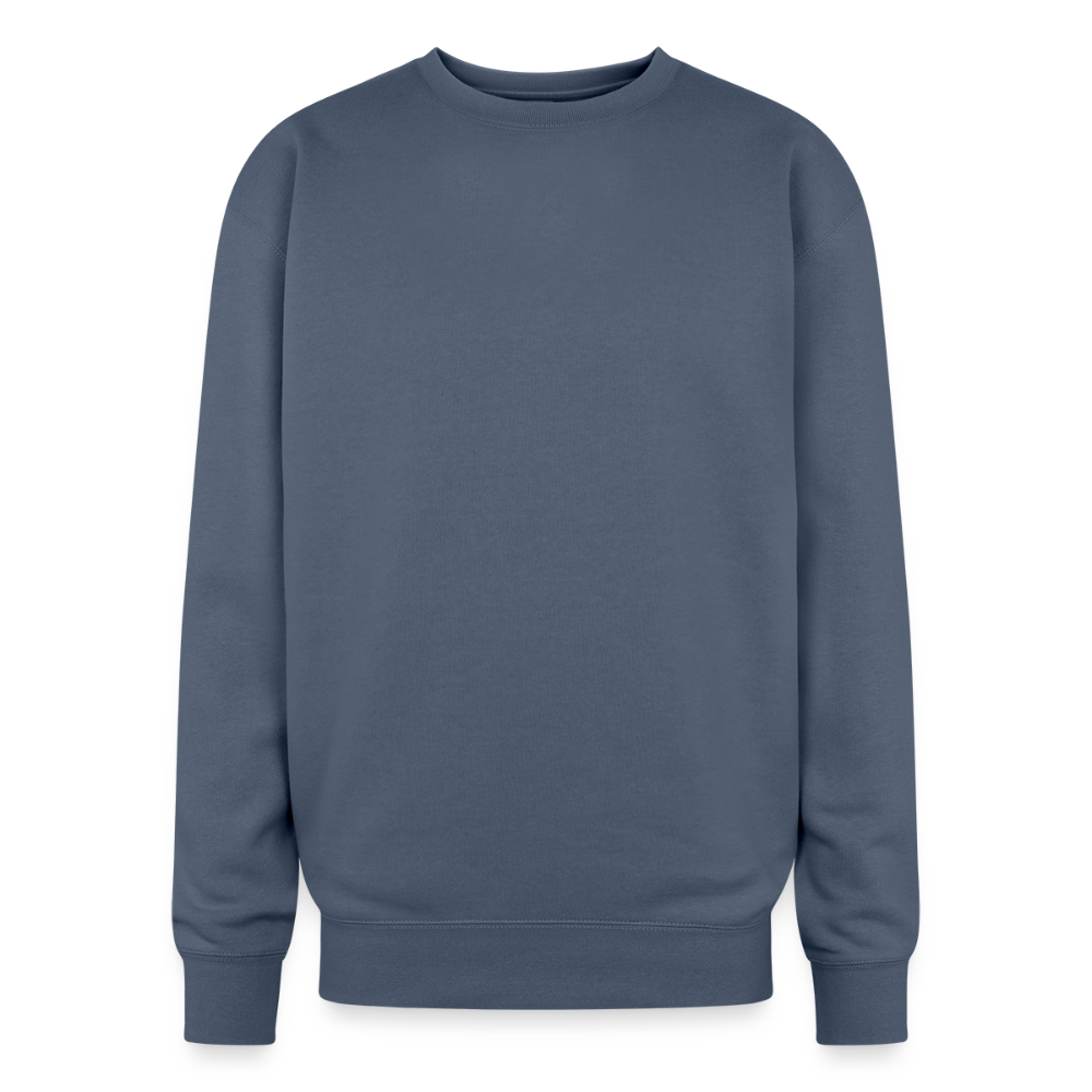 An oversized heavyweight crewneck stone blue sweatshirt in a relaxed, generous fit, made from a soft 70/30 ring-spun cotton/polyester blend (10 oz fabric for warmth and durability). The ribbed cuffs and waistband ensure a secure yet relaxed fit, making it ideal for lounging or layering.