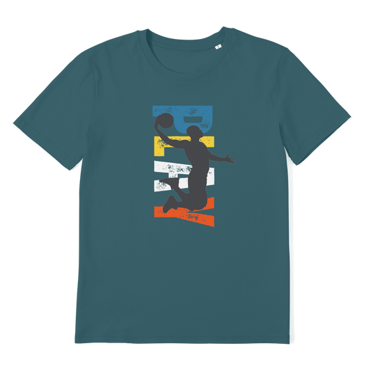 Classic teal organic cotton t-shirt with ribbed crewneck, shown flat to highlight durable double-needle stitching and back neck tape.