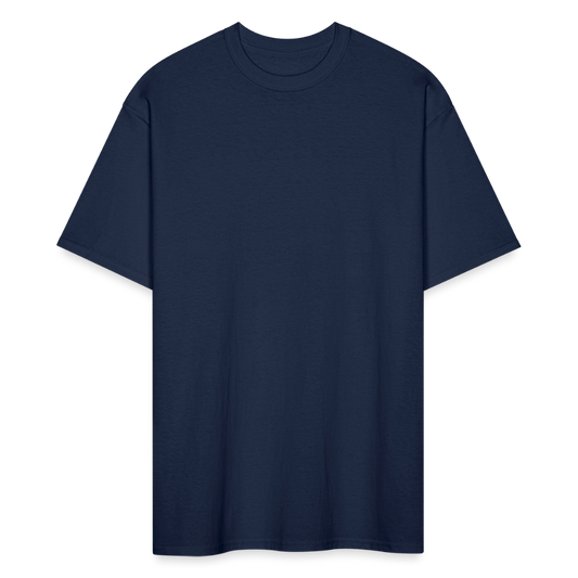A relaxed-fit tall men's navy T-shirt designed with extra length in the sleeves and body for a comfortable, generous fit. Made from 100% sustainably sourced USA-grown cotton (5.6 oz fabric weight), it features a durable double-stitched seamless rib collar, reinforced shoulder-to-shoulder taping, and double-needle stitching on the sleeves and bottom hem for long-lasting wear. Ideal for taller men seeking a classic, roomy tee with enhanced durability and a soft, breathable feel.