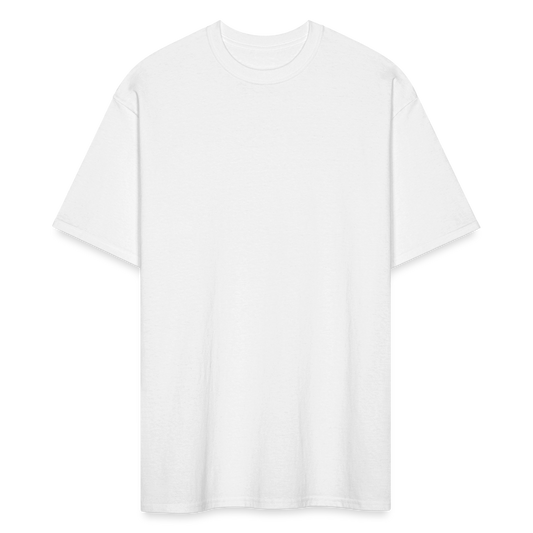 A relaxed-fit tall men's white T-shirt designed with extra length in the sleeves and body for a comfortable, generous fit. Made from 100% sustainably sourced USA-grown cotton (5.6 oz fabric weight), it features a durable double-stitched seamless rib collar, reinforced shoulder-to-shoulder taping, and double-needle stitching on the sleeves and bottom hem for long-lasting wear. Ideal for taller men seeking a classic, roomy tee with enhanced durability and a soft, breathable feel.