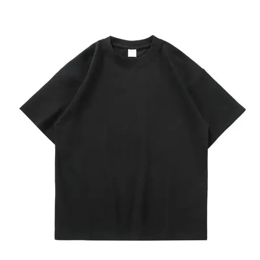 Women's classic black crewneck t-shirt in heavyweight cotton flannel with structured drape and opaque fabric, shown flat to highlight quality stitching.