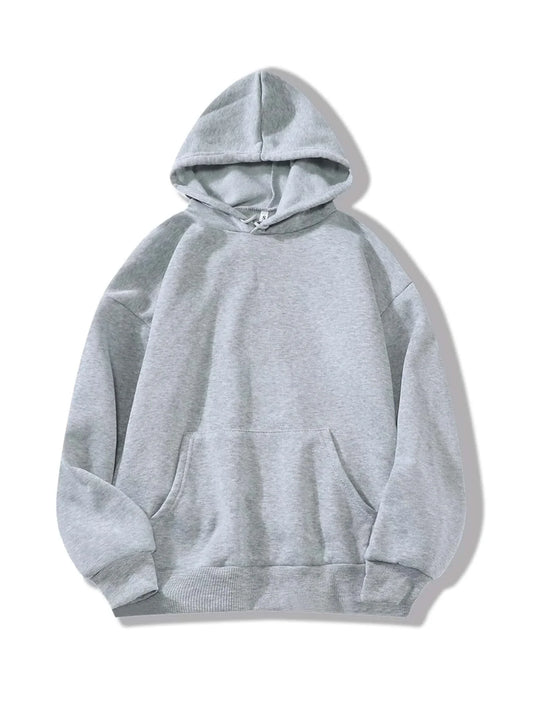 A women’s loose-fit fleece hoodie in gray, made from cotton-polyester blend with slight stretch. Features a regular sleeve, unlined fleece interior, and all-season versatility. Casual style for ages 25-35, ideal for everyday wear. 