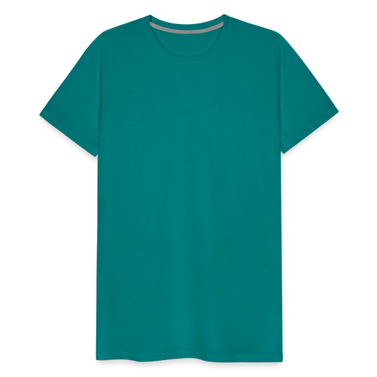 Teal men's premium cotton t-shirt, short-sleeved with a crew neckline, displayed on a transparent background.