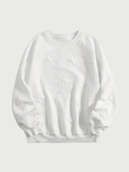White long-sleeve sweatshirt with a textured detailed star pattern, laid flat on a light grey background.