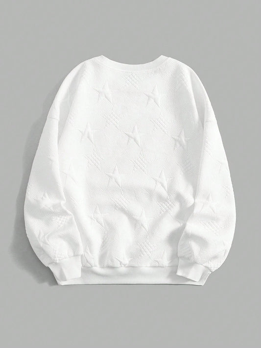 White long-sleeve sweatshirt with a textured embossed star pattern, laid flat on a light grey background.