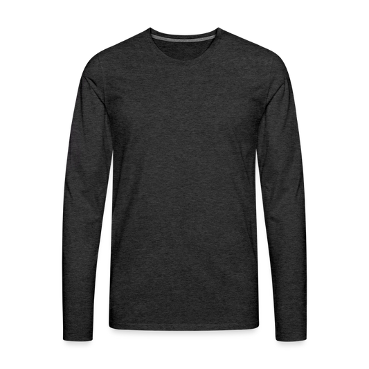 A premium heavyweight long sleeve charcoal gray t-shirt (4.42 oz) in 100% cotton, featuring double-stitched reinforced seams at shoulders, sleeves, and collar for durability.