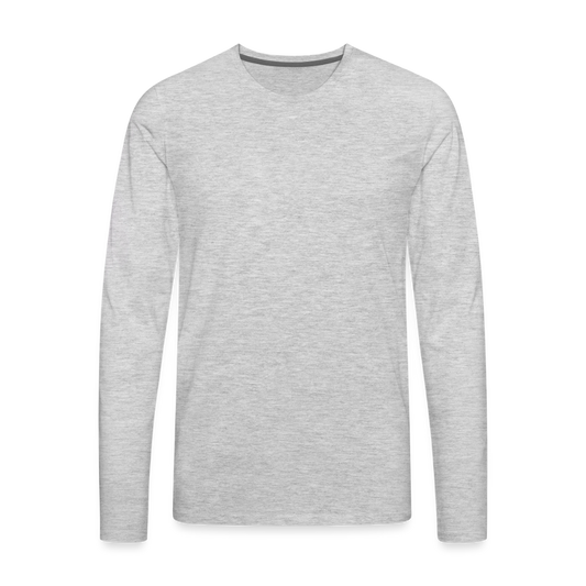 A premium heavyweight long sleeve heather gray t-shirt (4.42 oz) in 100% cotton, featuring double-stitched reinforced seams at shoulders, sleeves, and collar for durability.