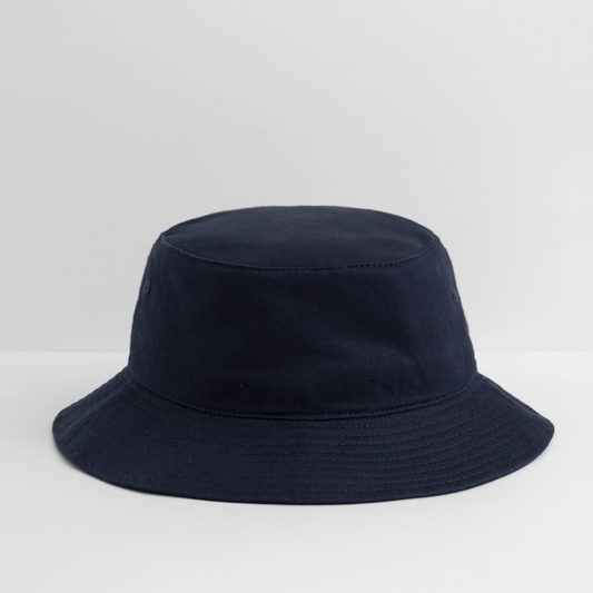 A classic unisex bucket hat in a navy tone, made from 100% soft brushed twill cotton. Features a short, defined brim for sun protection and a relaxed retro silhouette. Includes sewn-in eyelets for breathability, with a "one size fits most" design.