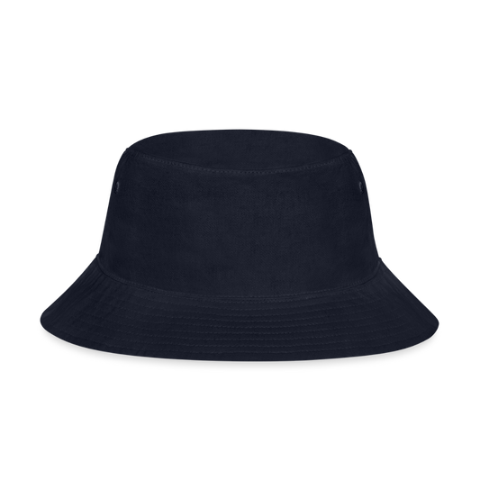 A classic unisex bucket hat in navy, made from 100% soft brushed twill cotton. Features a short, defined brim for sun protection and a relaxed retro silhouette. Includes sewn-in eyelets for breathability, with a "one size fits most" design.