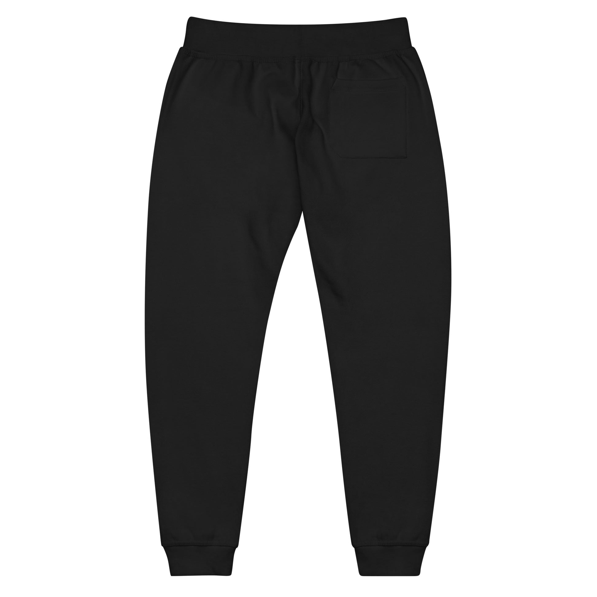 Black unisex fleece sweatpants with ribbed waistband, cuffed ankles, and front cross pockets. Shown flat to highlight the 5-thread stitching and soft fleece lining.