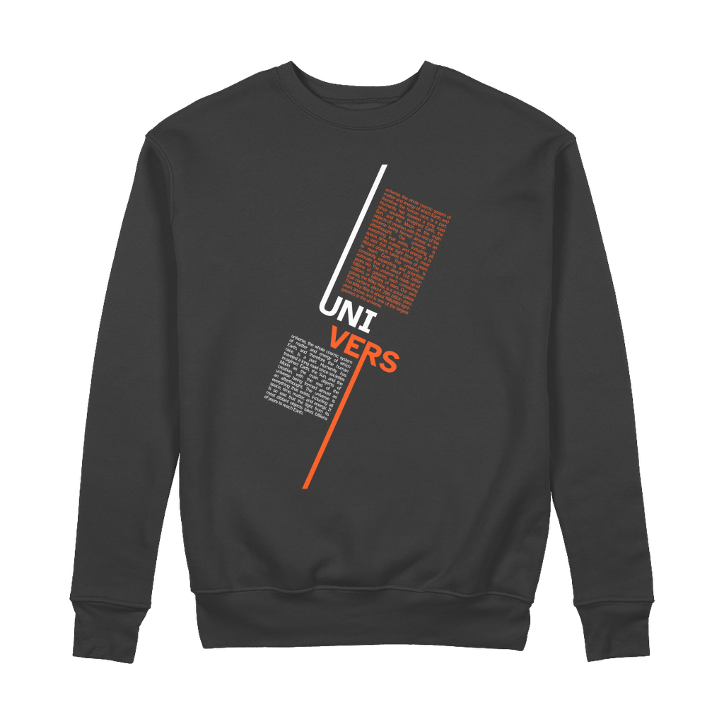 Unisex black organic cotton sweatshirt with 'UNIVERSE' typography, featuring double-layered cuffs, taped shoulders, and brushed interior. Shown flat to highlight heavyweight fabric and minimalist design.