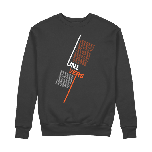 Unisex black organic cotton sweatshirt with 'UNIVERSE' typography, featuring double-layered cuffs, taped shoulders, and brushed interior. Shown flat to highlight heavyweight fabric and minimalist design.