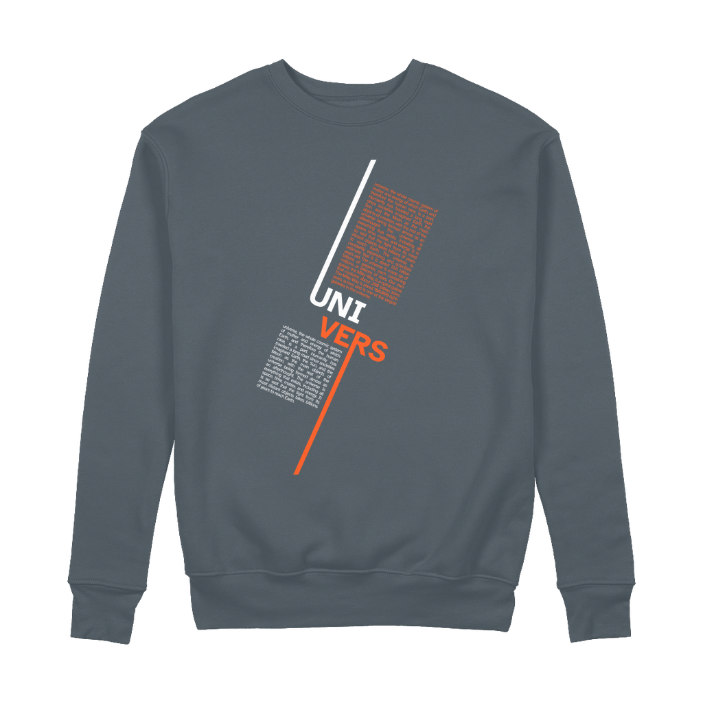 Unisex graphite organic cotton sweatshirt with 'UNIVERSE' typography, featuring double-layered cuffs, taped shoulders, and brushed interior. Shown flat to highlight heavyweight fabric and minimalist design.