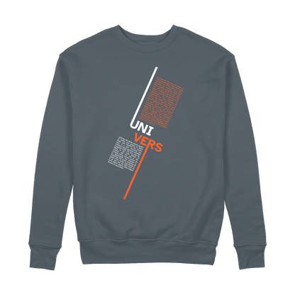 Unisex graphite organic cotton sweatshirt with 'UNIVERSE' typography, featuring double-layered cuffs, taped shoulders, and brushed interior. Shown flat to highlight heavyweight fabric and minimalist design.