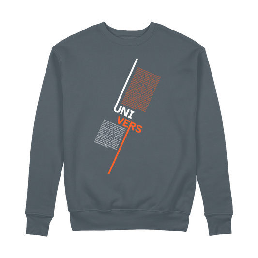 Unisex graphite organic cotton sweatshirt with 'UNIVERSE' typography, featuring double-layered cuffs, taped shoulders, and brushed interior. Shown flat to highlight heavyweight fabric and minimalist design.