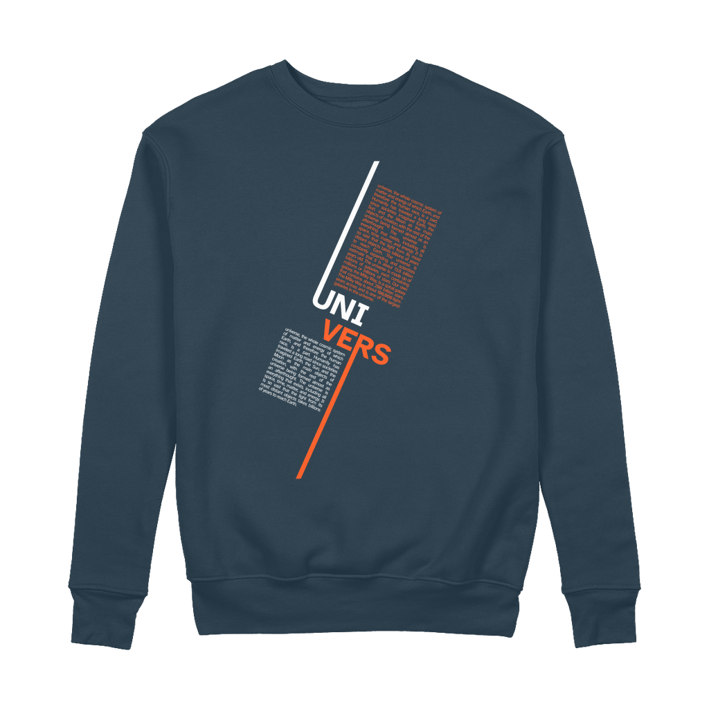 Unisex navy organic cotton sweatshirt with 'UNIVERSE' typography, featuring double-layered cuffs, taped shoulders, and brushed interior. Shown flat to highlight heavyweight fabric and minimalist design.